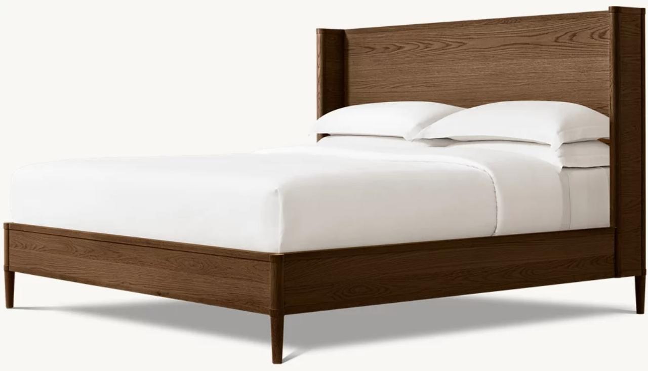 Oak bed with white linen bedding