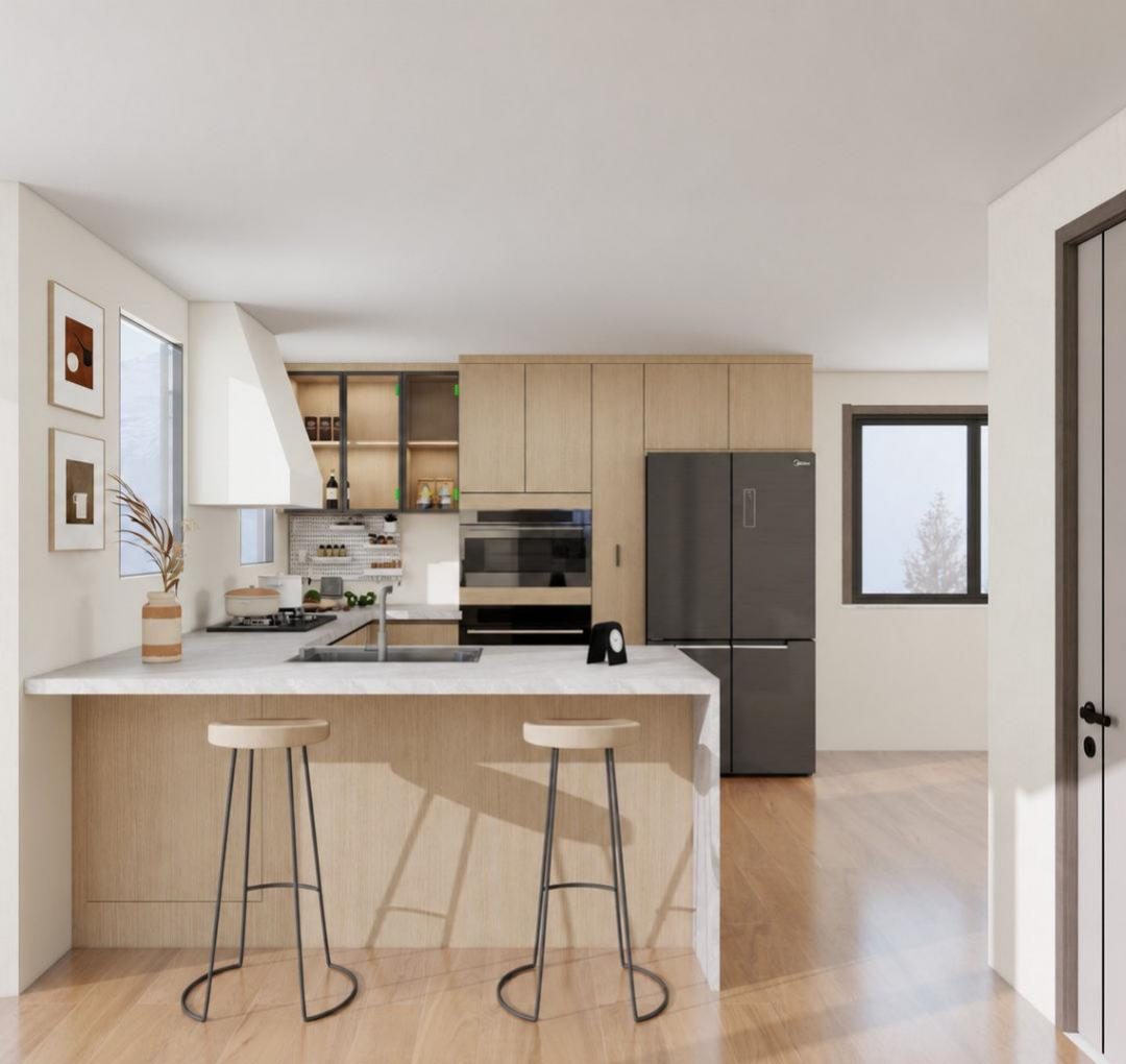 Kitchen island with brass pendant lights