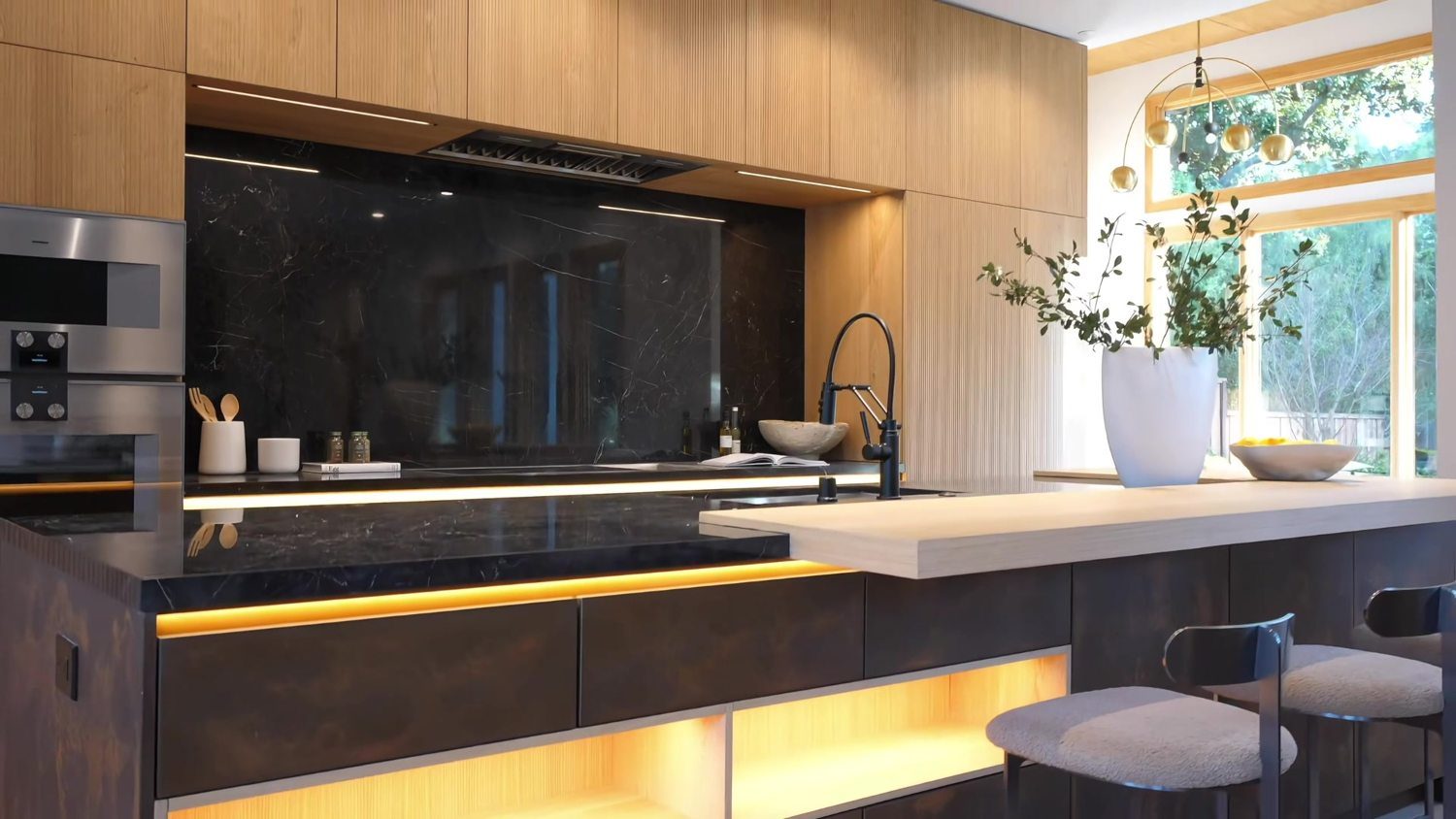 Dark stone island with oak cabinetry