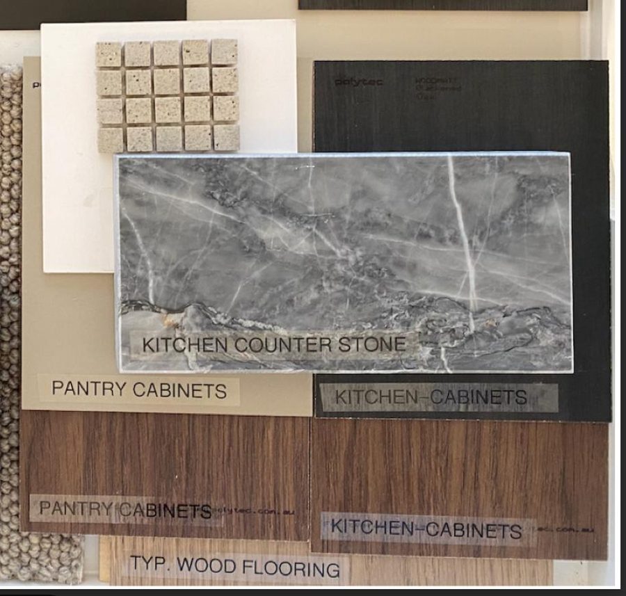Material board with stone, timber and fabric samples