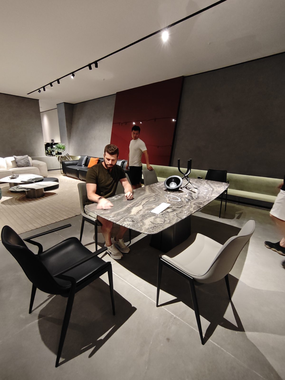 Dining display cabinetry under warm light